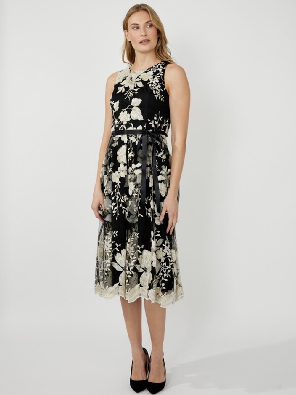 Alex Evenings Black & Ivory Floral Embroidered Midi Dress Petite 4